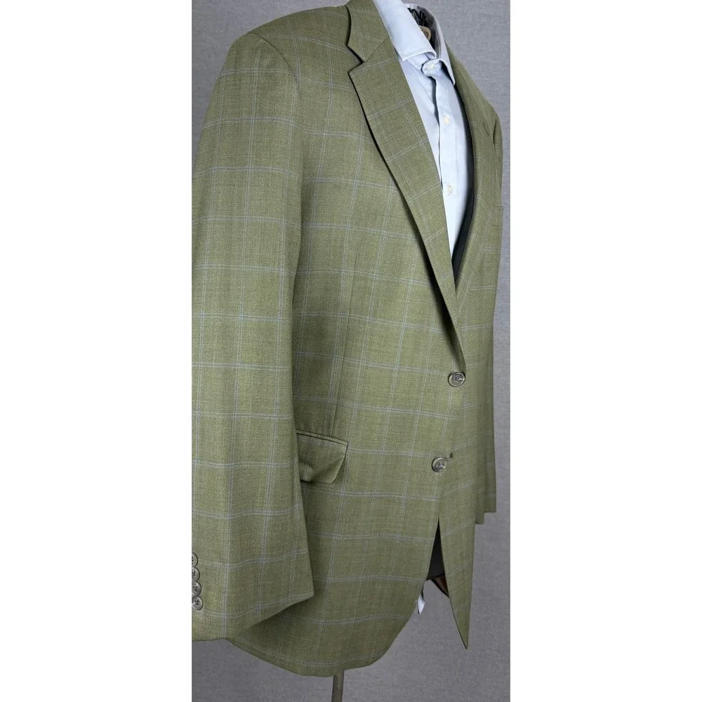 Hickey Freeman Mens 44R Sport Coat Wool Silk Olive Green Windowpane Blazer M481